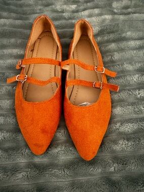 Stylish Orange Double-Strap Pointed Flats